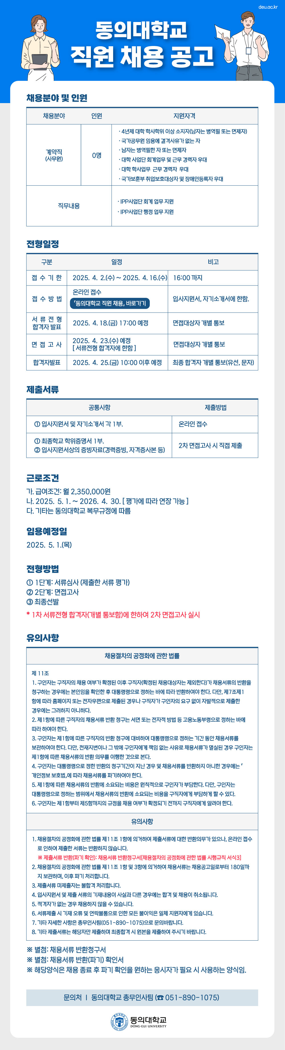 동의대학교 직원 채용 공고. 채용분야 및 인원. 채용분야: 계약직(사무원), 인원: 0명. 지원자격은 4년제 대학 학사학위 이상 소지자(남자는 병역필 또는 면제자), 국가공무원 임용에 결격사유가 없는 자, 남자는 병역필한 자 또는 면제자, 대학 사업단 회계업무 및 근무 경력자 우대, 대학 학사업무 근무 경력자 우대, 국가보훈부 취업보호대상자 및 장애인등록자 우대. 직무내용은 IPP사업단 회계 업무 지원 및 행정 업무 지원이다.

전형일정. 접수기간: 2025년 4월 2일(수)부터 4월 16일(수) 16:00까지. 접수방법은 온라인 접수이며, 입사지원서 및 자기소개서에 한함. 서류 전형 합격자 발표는 2025년 4월 18일(금) 17:00 예정이며 개별 통보. 면접고사는 2025년 4월 23일(수) 예정이며 서류전형 합격자에 한해 진행. 합격자 발표는 2025년 4월 25일(금) 10:00 이후 예정이며, 최종 합격자는 개별 통보(유선 및 문자)된다.

제출서류. 온라인 접수 시 제출할 서류는 입사지원서 및 자기소개서 각 1부. 2차 면접고사 시 직접 제출할 서류는 최종학교 학위증명서 1부, 입사지원서상의 증빙자료(경력증명서, 자격증사본 등)이다.

근로조건. 급여조건은 월 2,350,000원이며, 근무기간은 2025년 5월 1일부터 2026년 4월 30일까지로 평가에 따라 연장 가능. 기타는 동의대학교 복무규정에 따른다. 임용예정일은 2025년 5월 1일(목)이다.

전형방법은 1단계 서류심사(제출한 서류 평가), 2단계 면접고사, 3단계 최종선발이다. 단, 1차 서류전형 합격자에 한하여 2차 면접고사를 실시한다.

유의사항. 채용절차의 공정화에 관한 법률 제11조에 의거해 제출서류에 대한 반환요구가 있으며, 온라인 접수로 인해 제출서류는 반환하지 않음. 제출서류는 미제출 시 불합격 처리되며, 입사지원서 및 제출서류의 기재사항이 사실과 다른 경우에는 합격 및 채용이 취소됨. 적격자가 없는 경우 채용하지 않을 수 있음. 서류 제출 시 기재 오류 및 연락불통으로 인한 모든 불이익은 일체 지원자에게 있음. 기타 자세한 사항은 총무인사팀(051-890-1075)으로 문의. 기타 제출서류는 해당자만 제출하며 최종합격 시 원본을 제출해야 함.

※ 별첨: 채용서류 반환청구서 및 반환(파기) 확인서. 해당 양식은 채용 종료 후 파기 확인을 원하는 응시자가 필요 시 사용하는 양식임.

문의처: 동의대학교 총무인사팀 ☎ 051-890-1075.